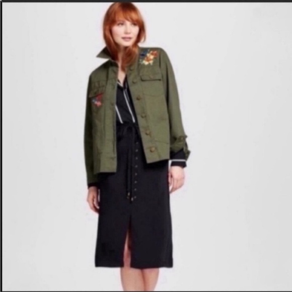 Who what wear Green Denim jacket embroidered floral bird Oversized Small - Picture 2 of 9